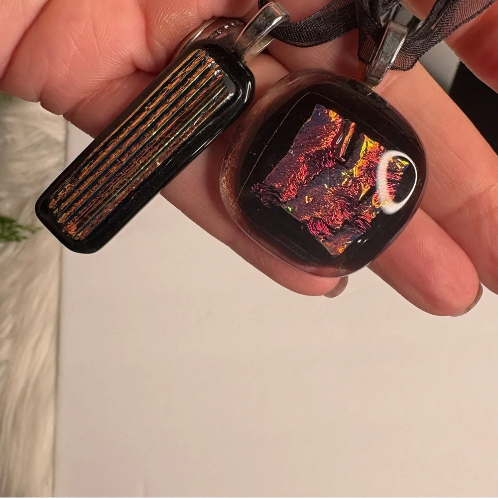 Two Handmade Artist Signed Dichroic Glass Pendant Necklaces on Black Ribbon
